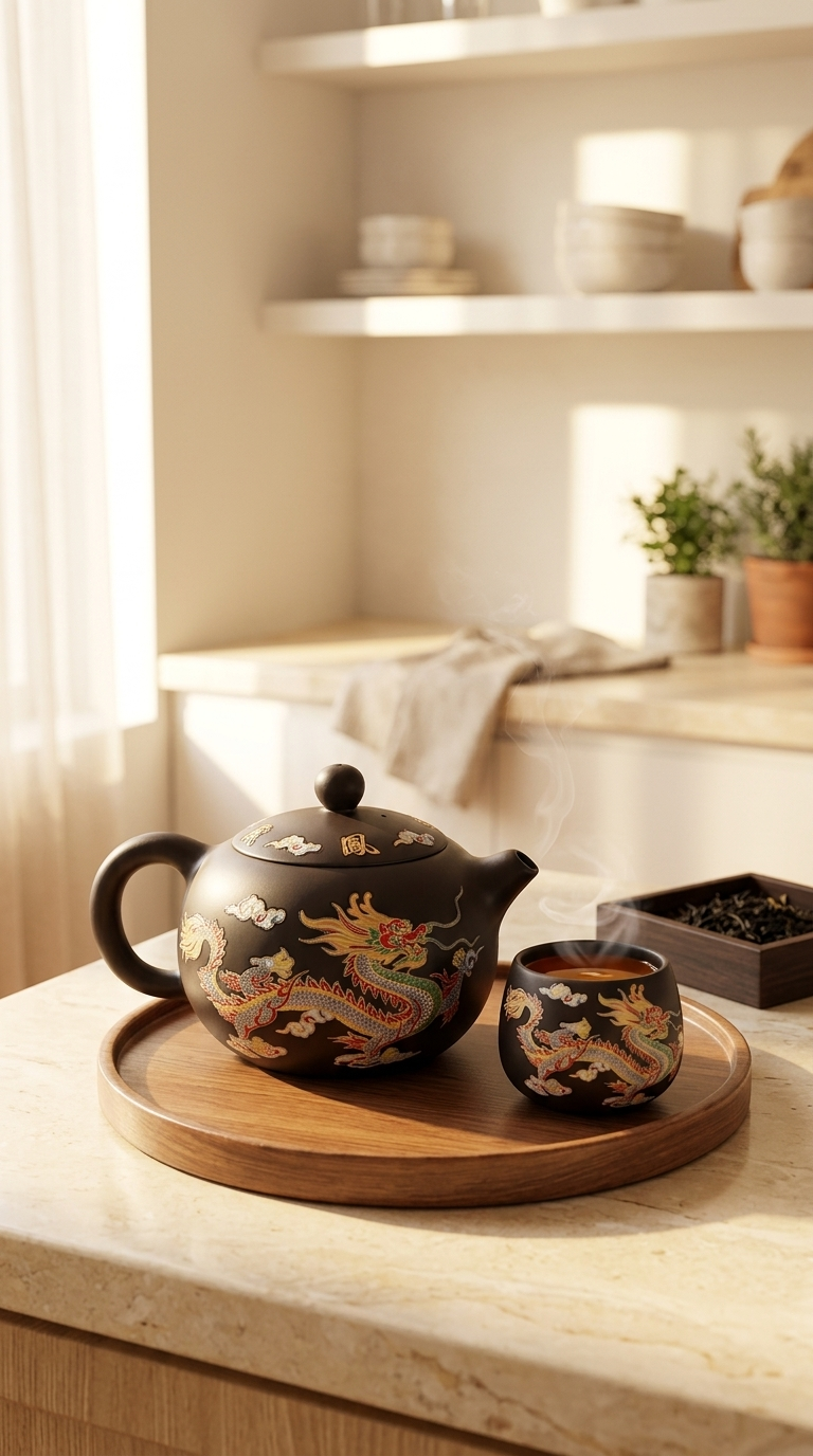Dragon color-changing ceramic teapot on a bright kitchen counter with morning light