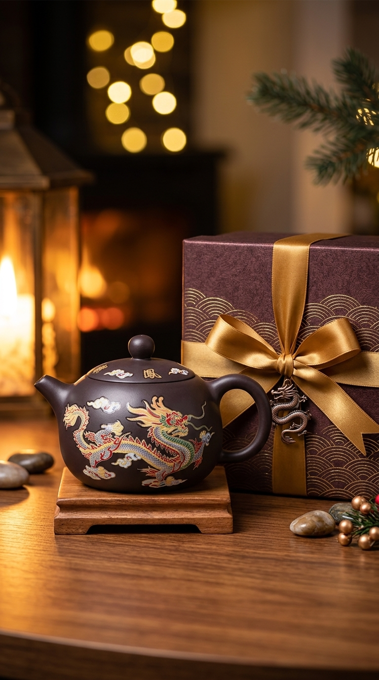 Dragon ceramic teapot set displayed next to a luxury wrapped gift box
