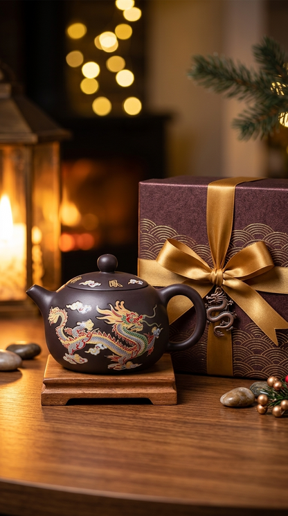 Dragon ceramic teapot set displayed next to a luxury wrapped gift box